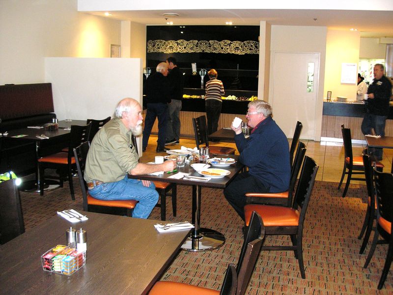 Breakfast, Auckland first day, Graeme Jenkins & Bob Callanan. Part of STudy Tour July 2011