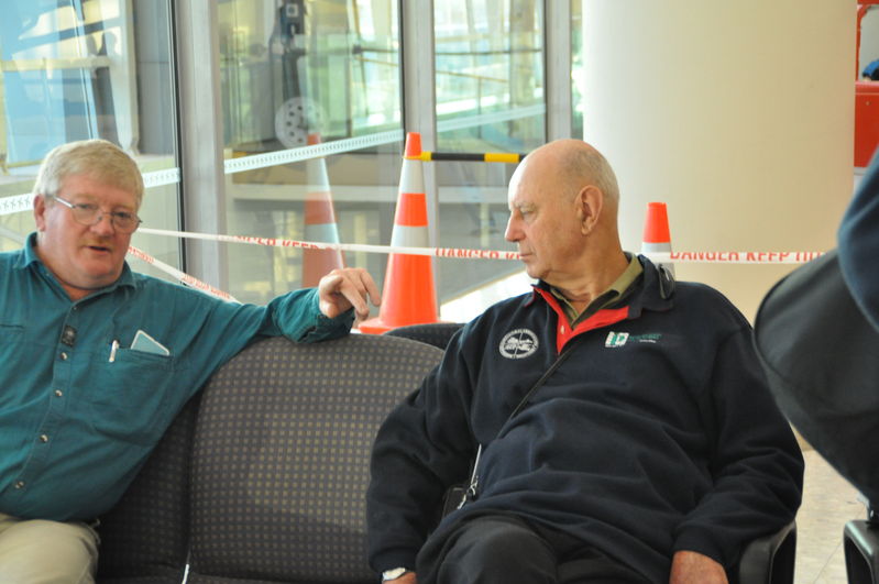 Waiting to go home at Christchurch Airport. Bob Callanan and Merv Zanker