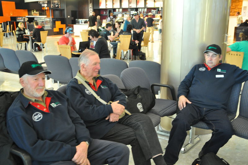 Waiting to go home at Christchurch Airport. Len Smyth, John Haydon and Geoff Allen