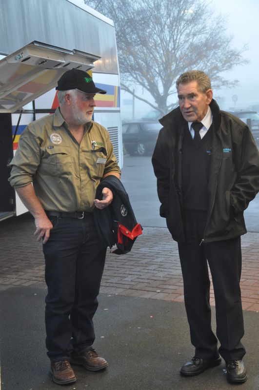 Eddy Edge talking to the Reverend John, our coach captain for the South Island