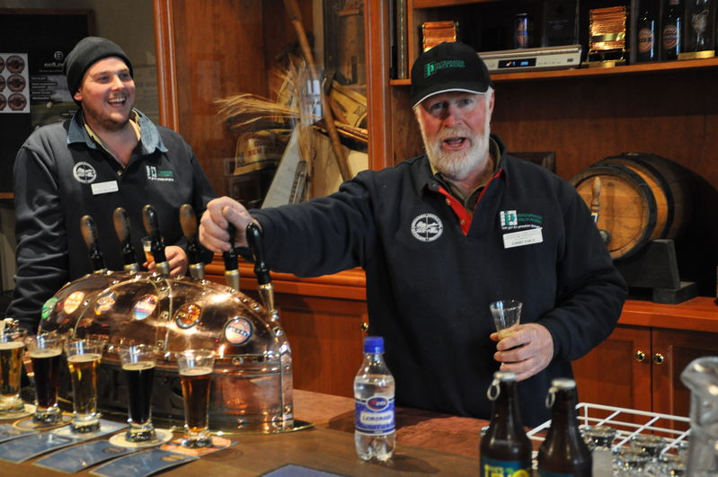 Speights Brewery, members helping themselves after brewery tour. Justin Richards and Ed Edge