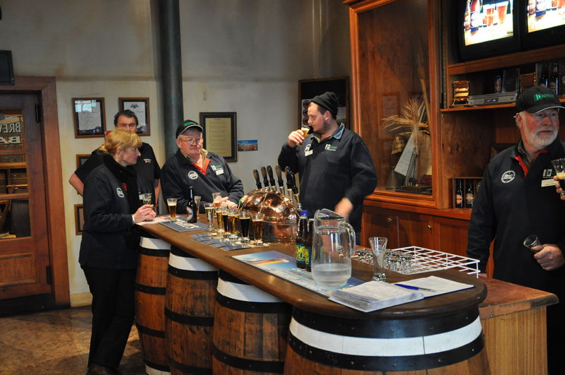 Speights Brewery, members helping themselves after the brewery tour. Lynette Jenkins, Bob Callanan, Justin Richards and Ed Edge